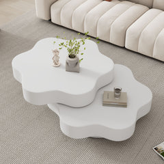 Flower Shape Rotating Coffee Table with 2 Shelves – 360° Swivel Sofa Side Table Cream White 74.8cm