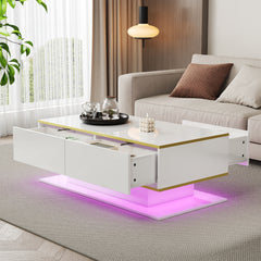 Modern LED Coffee Table with High Gloss Finish, Gold Accents & 3 Drawers – 100cm