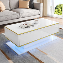 Modern LED Coffee Table with High Gloss Finish, Gold Accents & 3 Drawers – 100cm