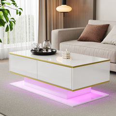 Modern LED Coffee Table with High Gloss Finish, Gold Accents & 3 Drawers – 100cm
