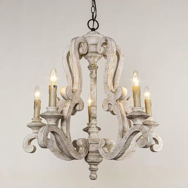 Vintage American Country Chandelier with Distressed Wood & Candle-Style Lights