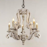 Vintage American Country Chandelier with Distressed Wood & Candle-Style Lights