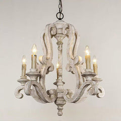 Vintage American Country Chandelier with Distressed Wood & Candle-Style Lights