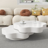 Flower Shape Rotating Coffee Table with 2 Shelves – 360° Swivel Sofa Side Table Cream White 74.8cm
