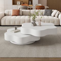 Flower Shape Rotating Coffee Table with 2 Shelves – 360° Swivel Sofa Side Table Cream White 74.8cm