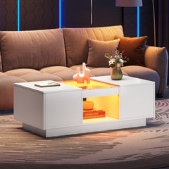 Modern LED Coffee Table with Storage, 2 Drawers & 2 Shelves – White Living Room Table