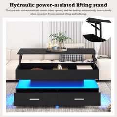 Hydraulic Lift Top Coffee Table with LED Lights, Storage Compartment & 2 Drawers – Modern Black Living Room Table