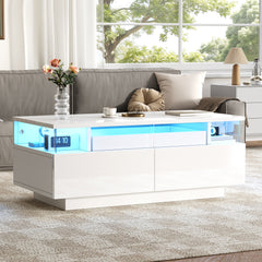 High Gloss LED Coffee Table with 2 Drawers & Pull-Out Tray – White Living Room Table 90cm