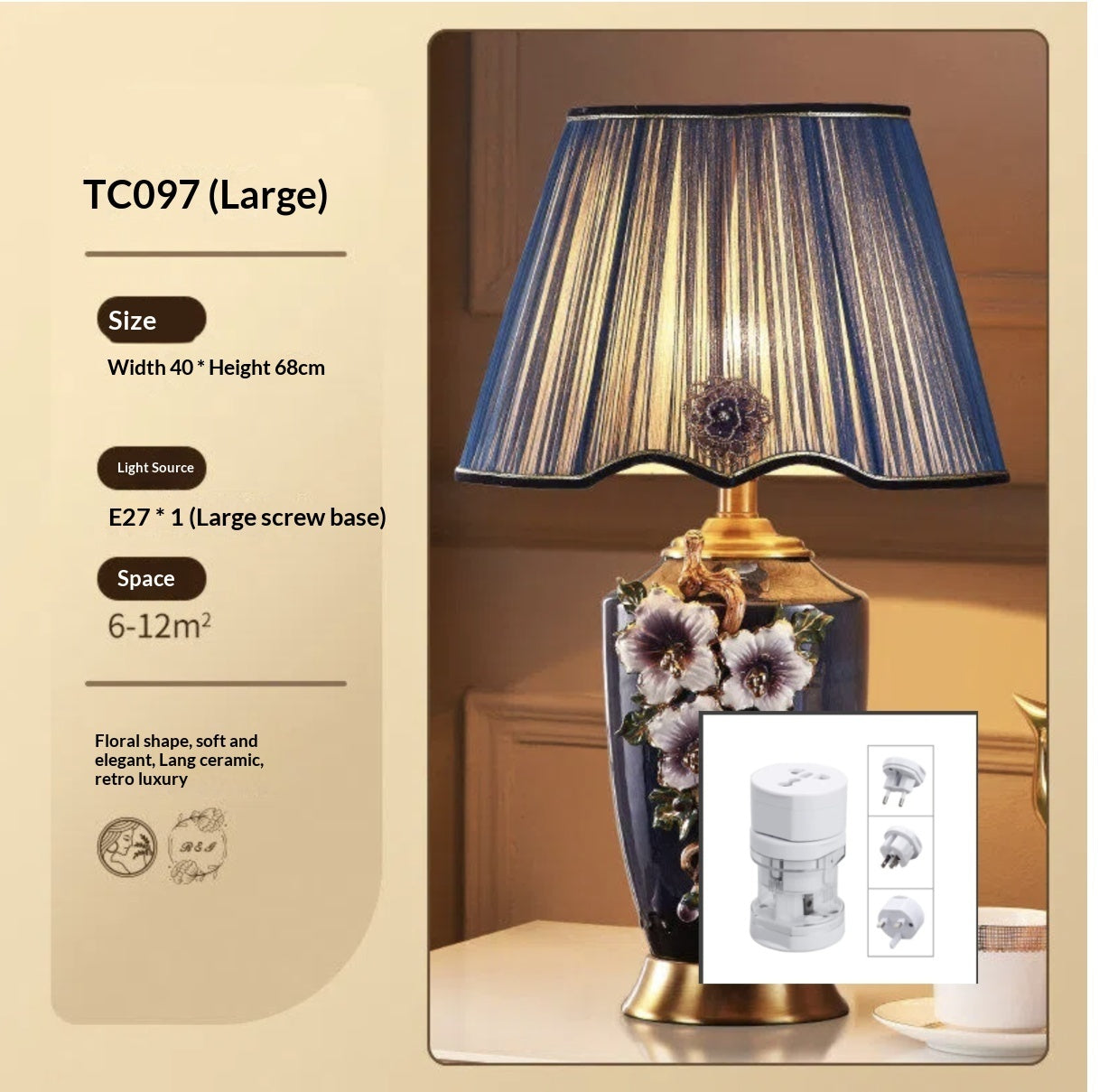 Luxury Chinese-Inspired Ceramic & Brass Table Lamp with Enamel Glaze