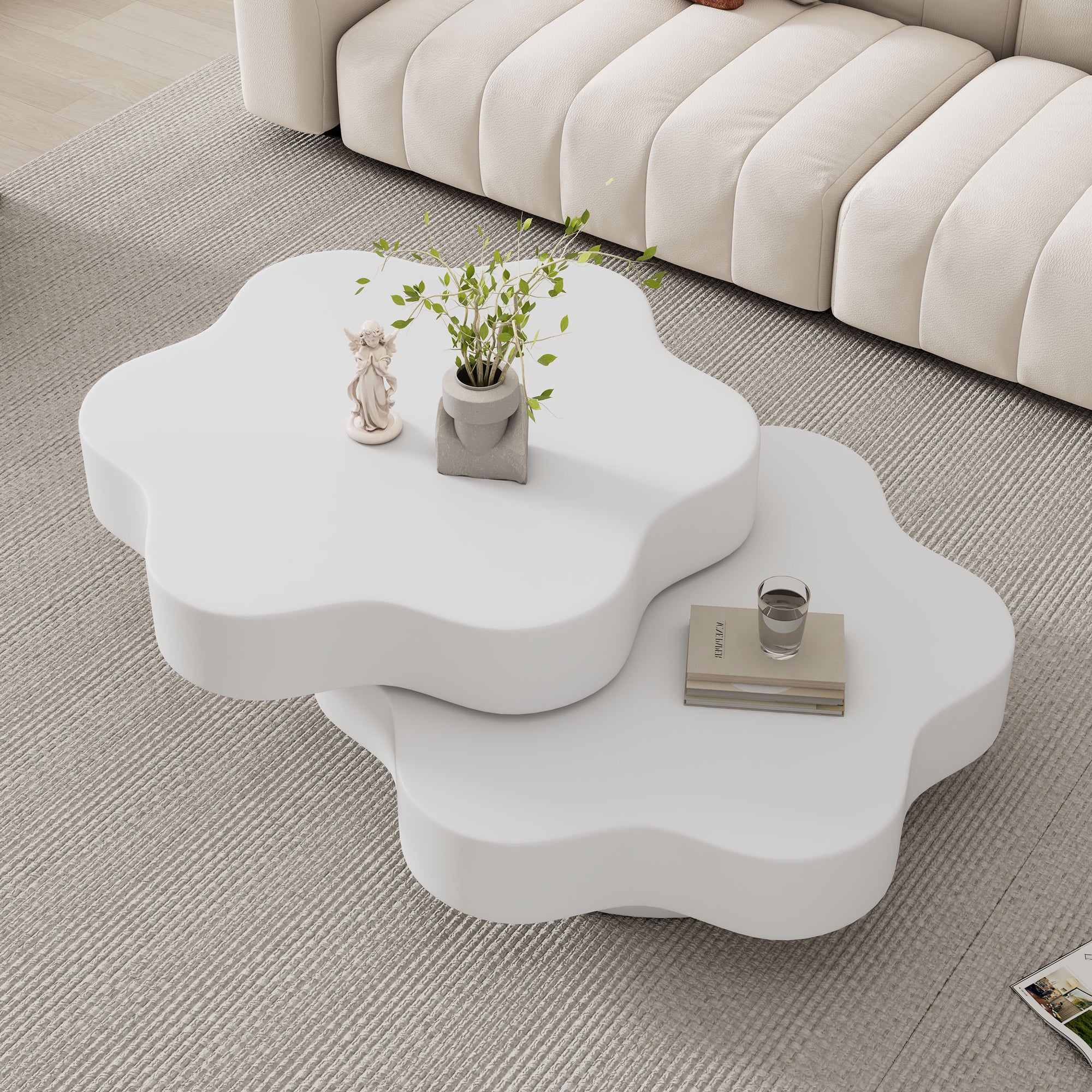 Flower Shape Rotating Coffee Table with 2 Shelves – 360° Swivel Sofa Side Table Cream White 74.8cm