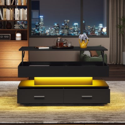 Hydraulic Lift Top Coffee Table with LED Lights, Storage Compartment & 2 Drawers – Modern Black Living Room Table