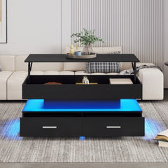 Hydraulic Lift Top Coffee Table with LED Lights, Storage Compartment & 2 Drawers – Modern Black Living Room Table