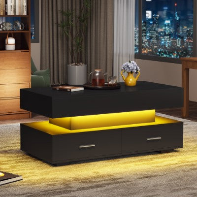 Hydraulic Lift Top Coffee Table with LED Lights, Storage Compartment & 2 Drawers – Modern Black Living Room Table