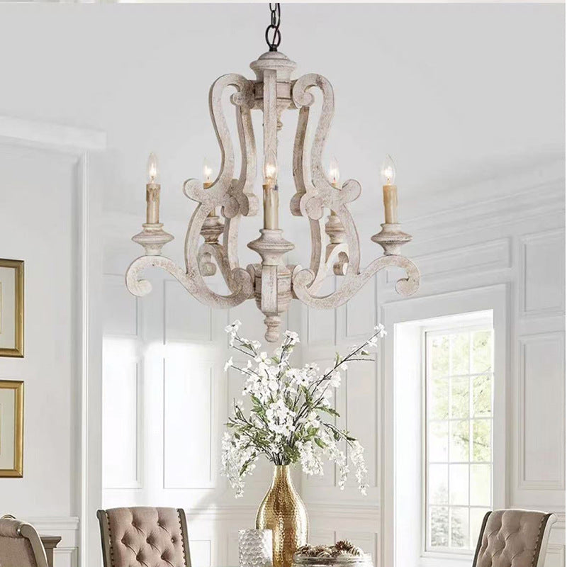 Vintage American Country Chandelier with Distressed Wood & Candle-Style Lights
