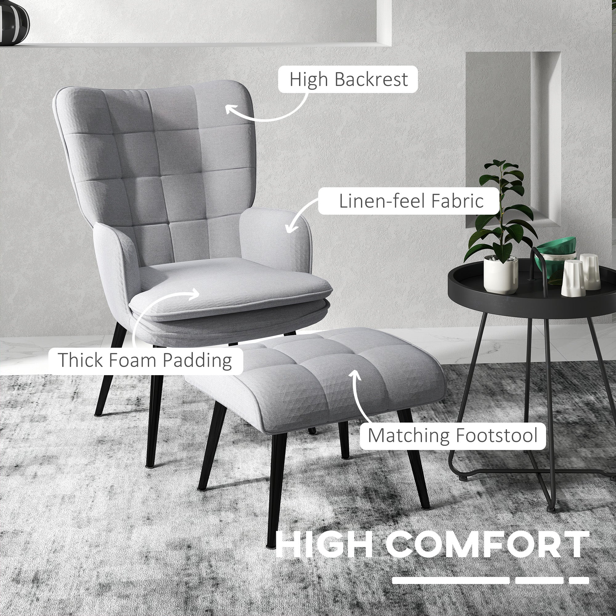 Armchair With Footstool, Living Room Chair, Linen Accent Chair For Bedroom, Home Study, Light Grey