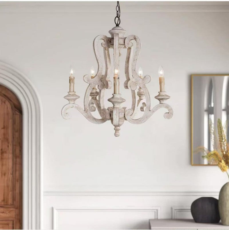 Vintage American Country Chandelier with Distressed Wood & Candle-Style Lights