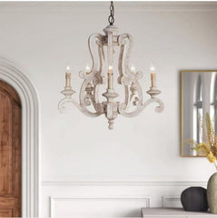 Vintage American Country Chandelier with Distressed Wood & Candle-Style Lights