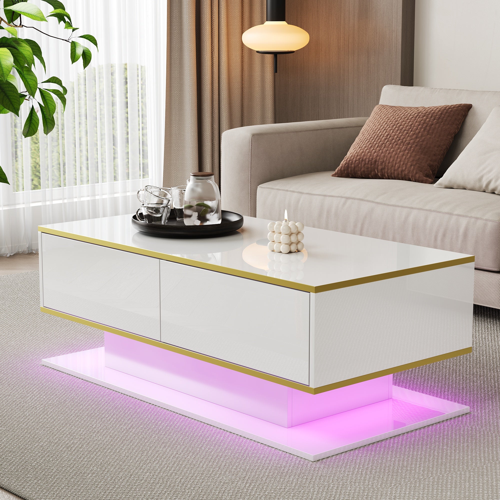 Modern LED Coffee Table with High Gloss Finish, Gold Accents & 3 Drawers – 100cm