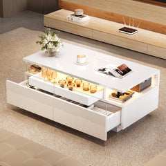 High Gloss LED Coffee Table with 2 Drawers & Pull-Out Tray – White Living Room Table 90cm