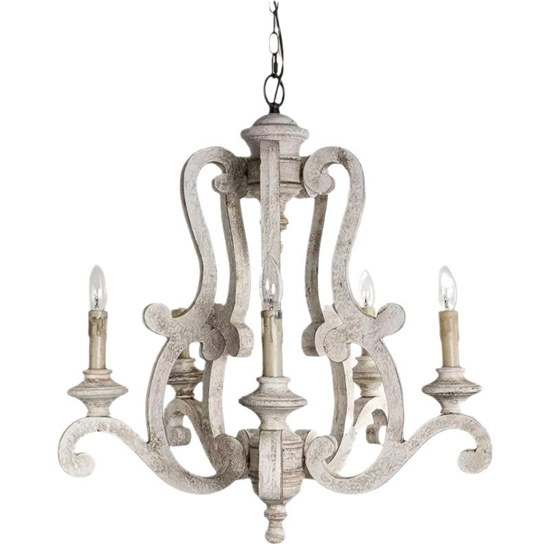 Vintage American Country Chandelier with Distressed Wood & Candle-Style Lights