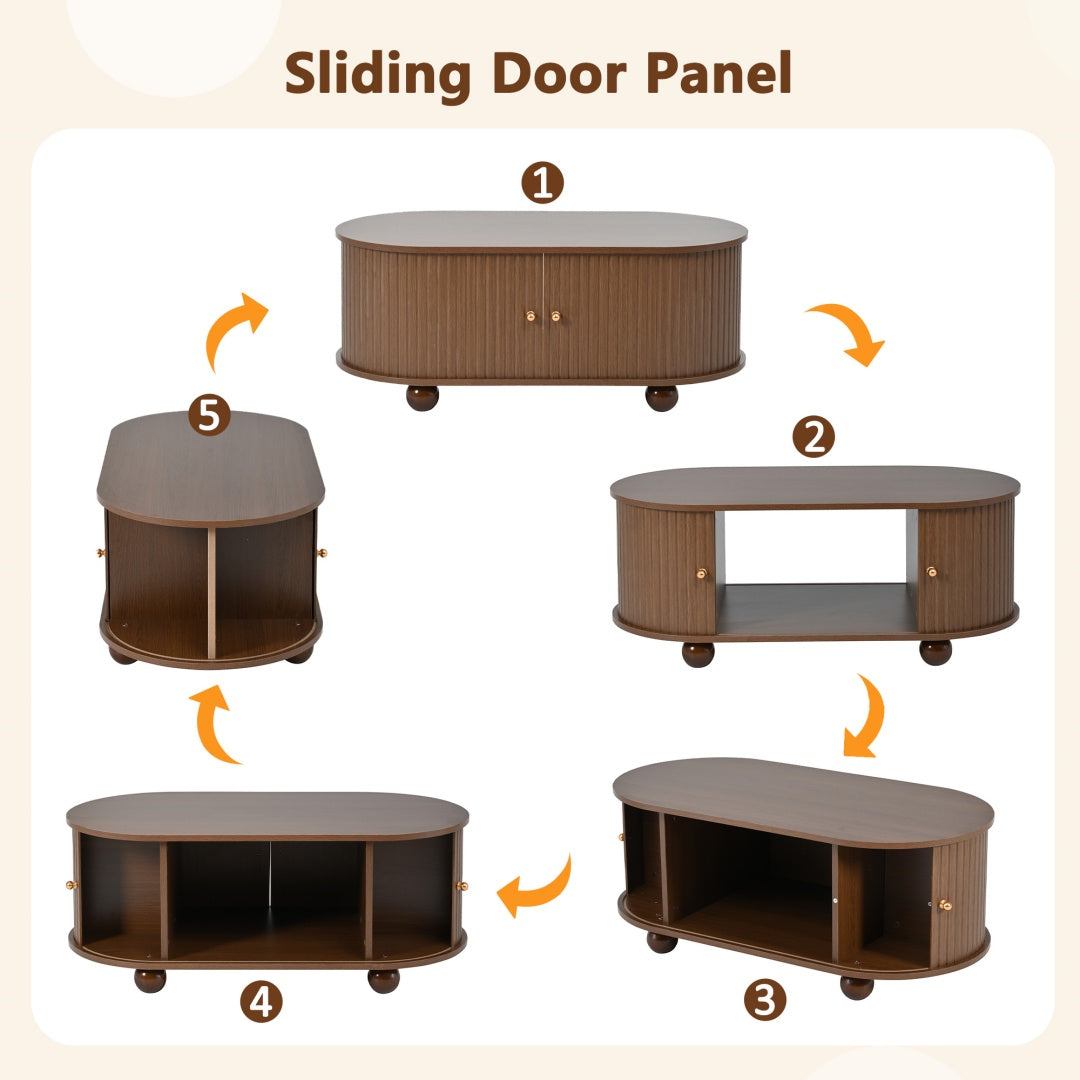 Oval Coffee Table With 2 Sliding Doors