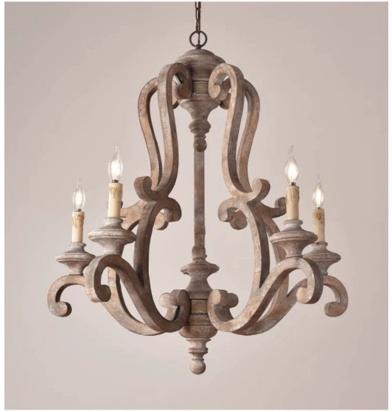 Vintage American Country Chandelier with Distressed Wood & Candle-Style Lights