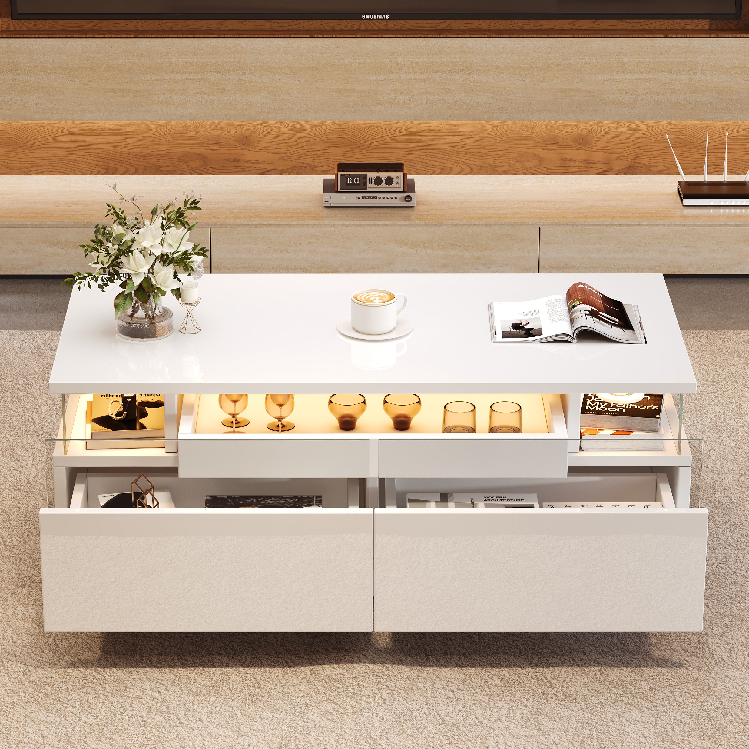 High Gloss LED Coffee Table with 2 Drawers & Pull-Out Tray – White Living Room Table 90cm
