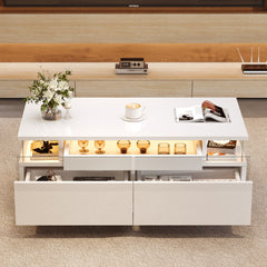 High Gloss LED Coffee Table with 2 Drawers & Pull-Out Tray – White Living Room Table 90cm