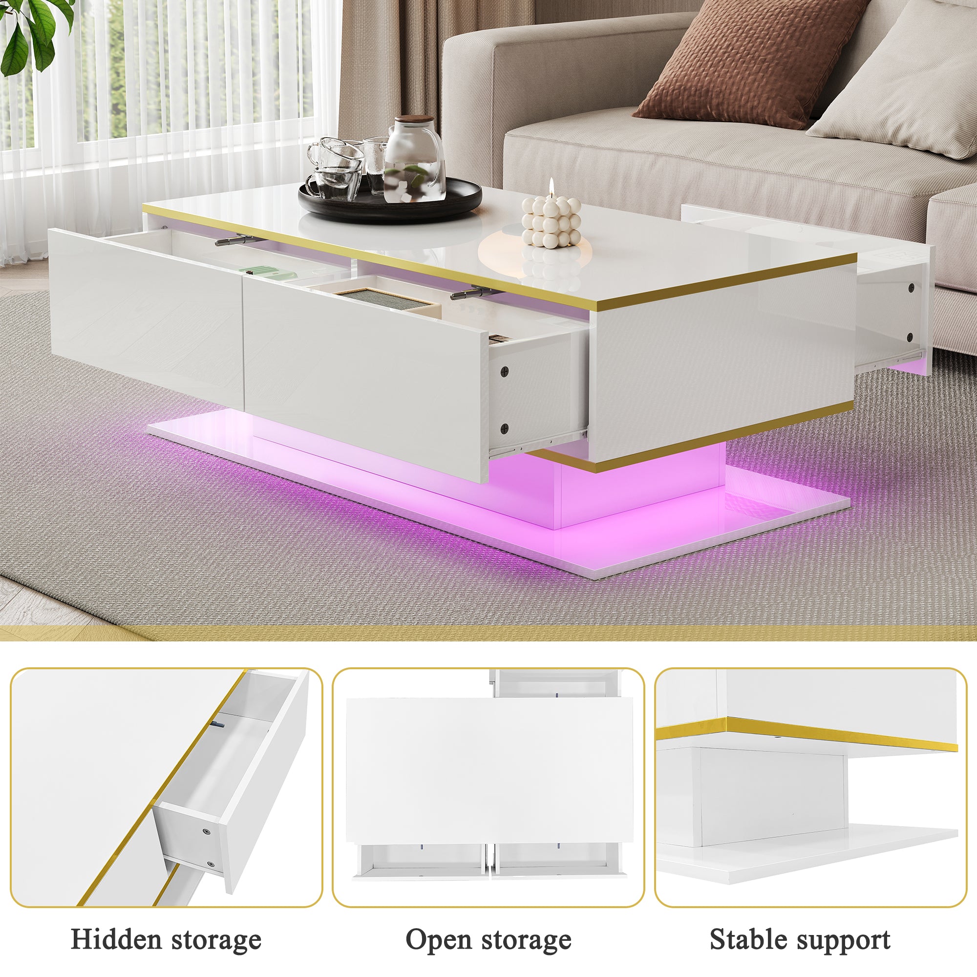 Modern LED Coffee Table with High Gloss Finish, Gold Accents & 3 Drawers – 100cm