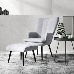 Armchair With Footstool, Living Room Chair, Linen Accent Chair For Bedroom, Home Study, Light Grey