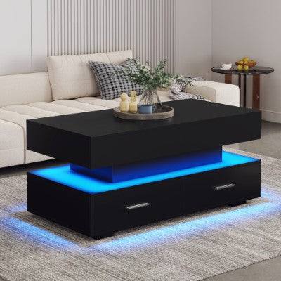 Hydraulic Lift Top Coffee Table with LED Lights, Storage Compartment & 2 Drawers – Modern Black Living Room Table