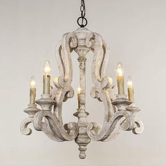 Vintage American Country Chandelier with Distressed Wood & Candle-Style Lights