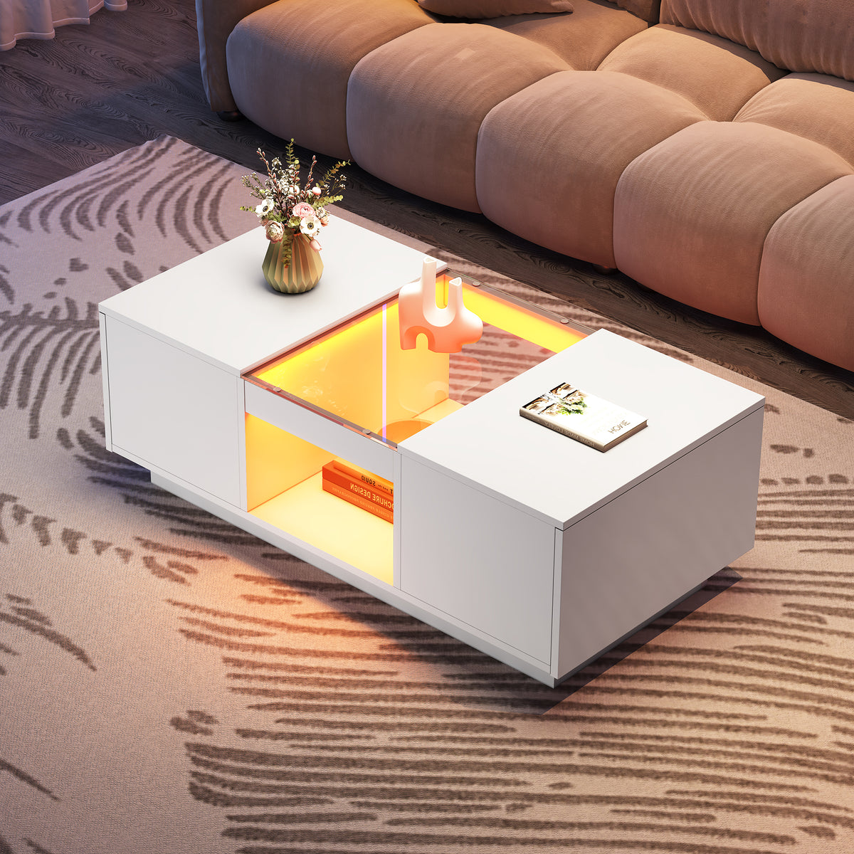 Modern LED Coffee Table with Storage, 2 Drawers & 2 Shelves – White Living Room Table