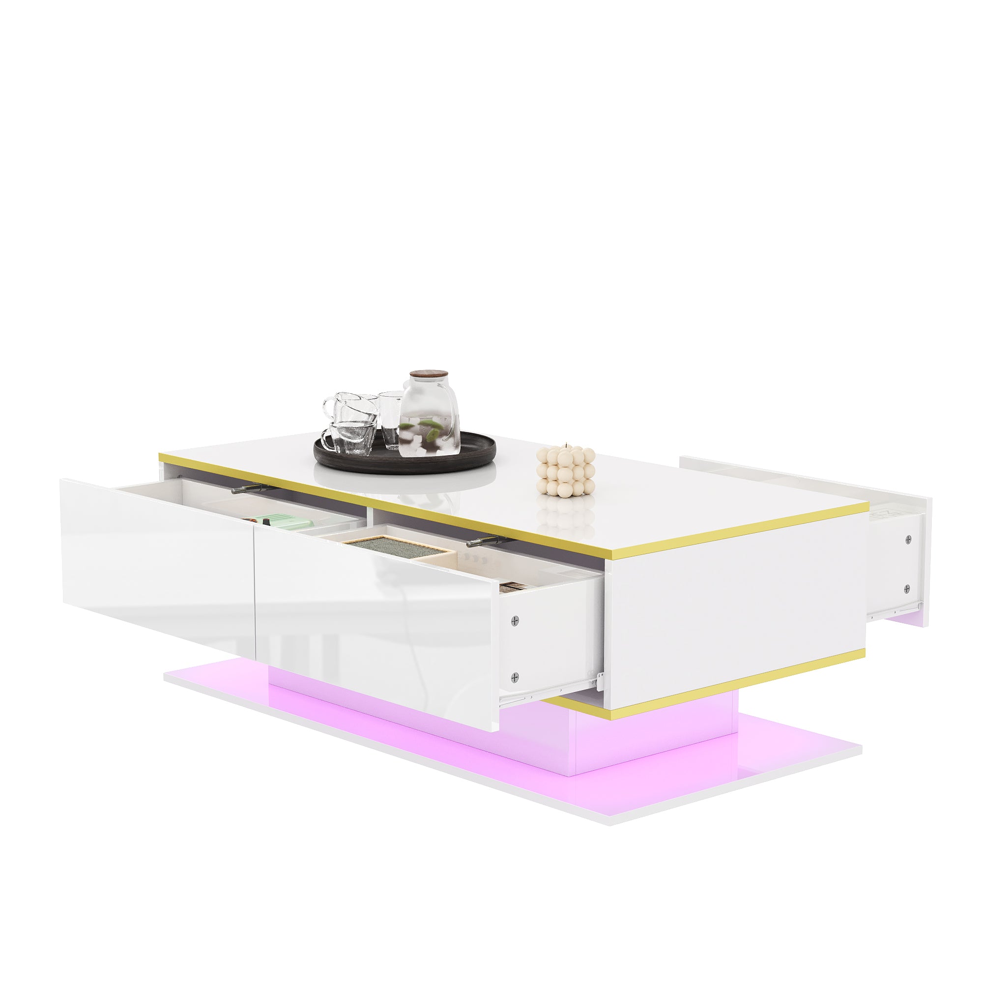 Modern LED Coffee Table with High Gloss Finish, Gold Accents & 3 Drawers – 100cm