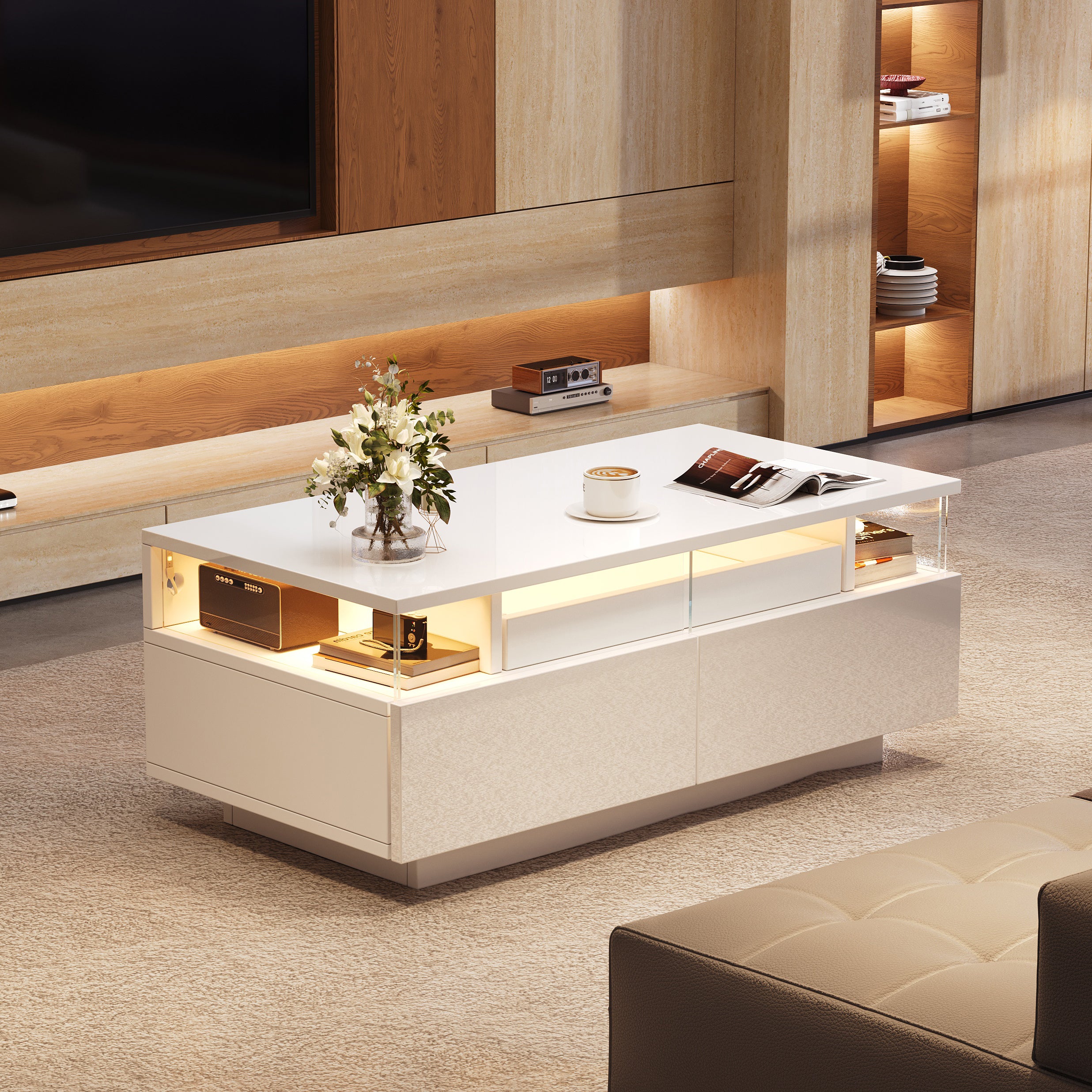High Gloss LED Coffee Table with 2 Drawers & Pull-Out Tray – White Living Room Table 90cm