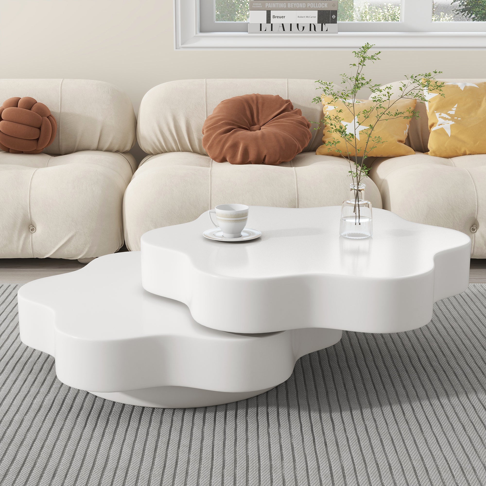 Flower Shape Rotating Coffee Table with 2 Shelves – 360° Swivel Sofa Side Table Cream White 74.8cm