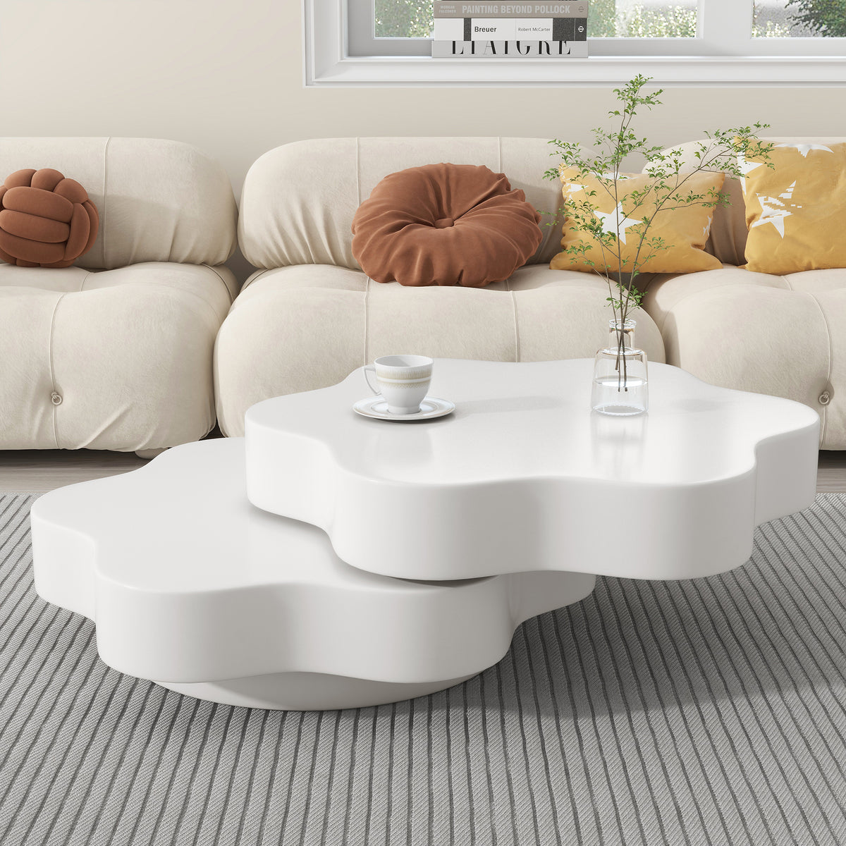 Flower Shape Rotating Coffee Table with 2 Shelves – 360° Swivel Sofa Side Table Cream White 74.8cm