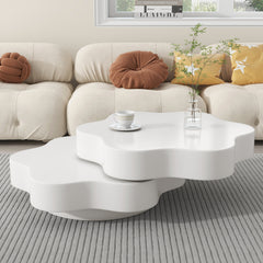 Flower Shape Rotating Coffee Table with 2 Shelves – 360° Swivel Sofa Side Table Cream White 74.8cm