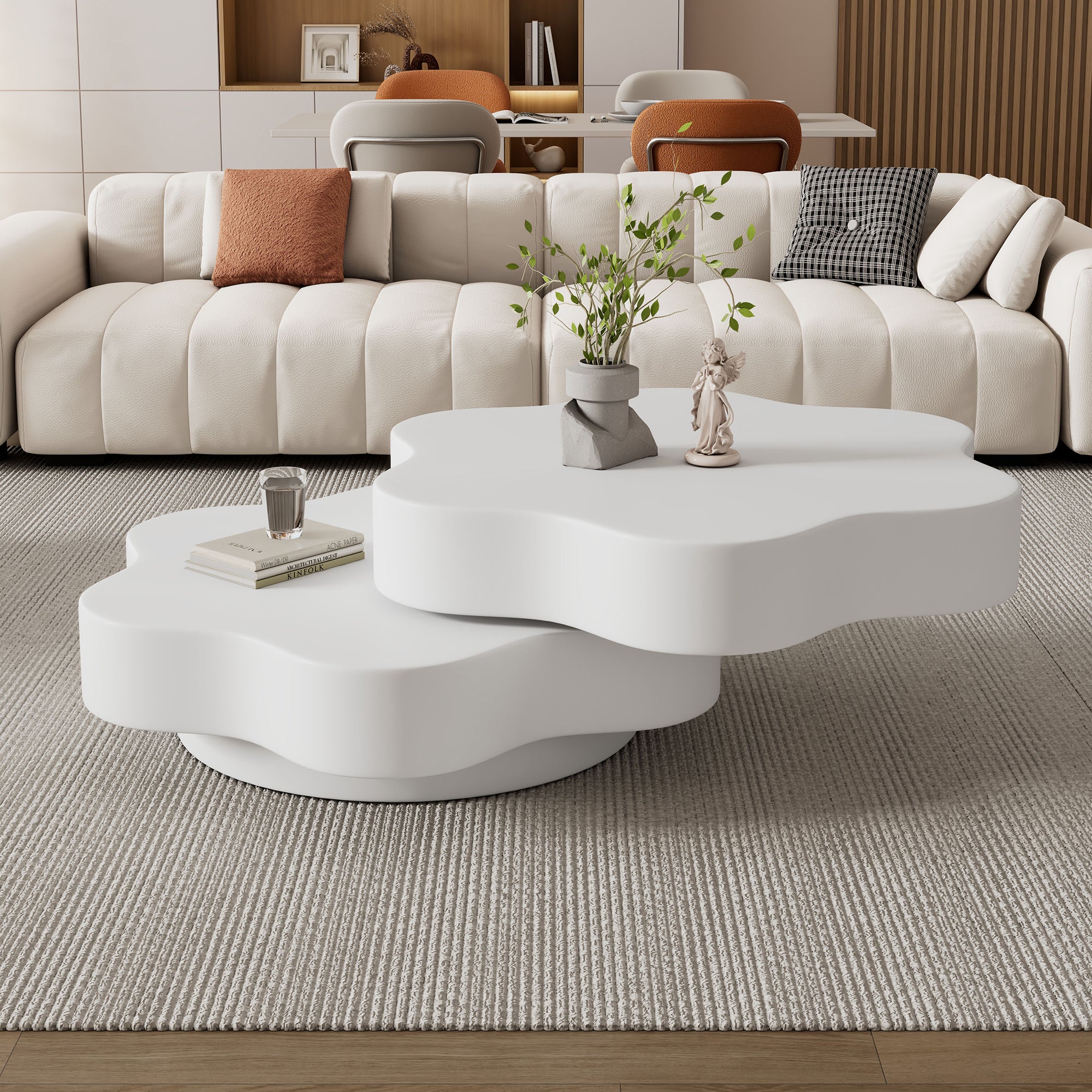 Flower Shape Rotating Coffee Table with 2 Shelves – 360° Swivel Sofa Side Table Cream White 74.8cm