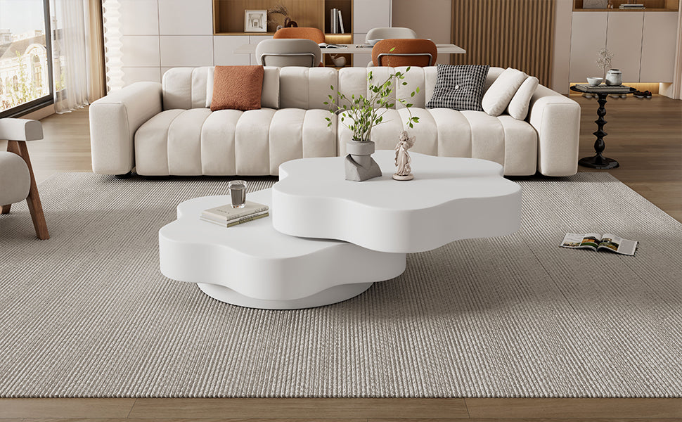 Flower Shape Rotating Coffee Table with 2 Shelves – 360° Swivel Sofa Side Table Cream White 74.8cm