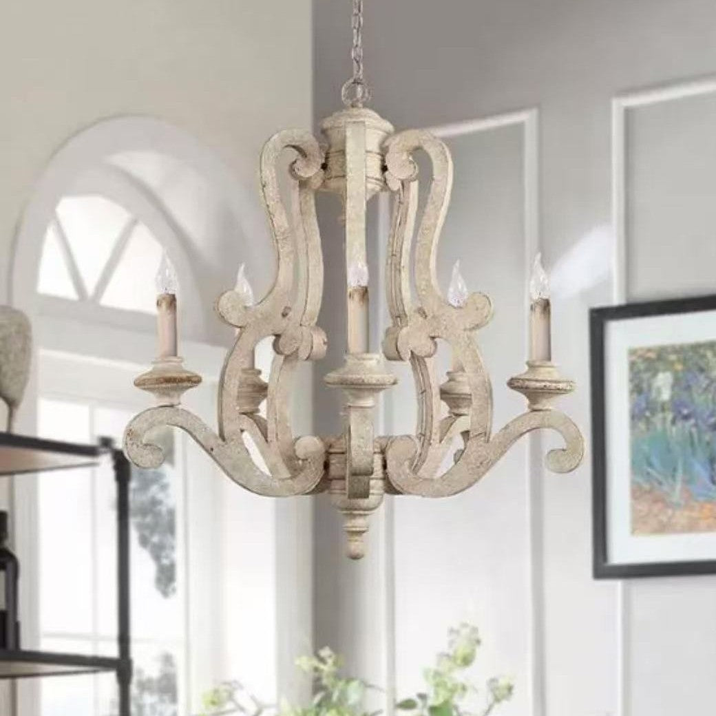 Vintage American Country Chandelier with Distressed Wood & Candle-Style Lights