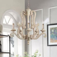 Vintage American Country Chandelier with Distressed Wood & Candle-Style Lights