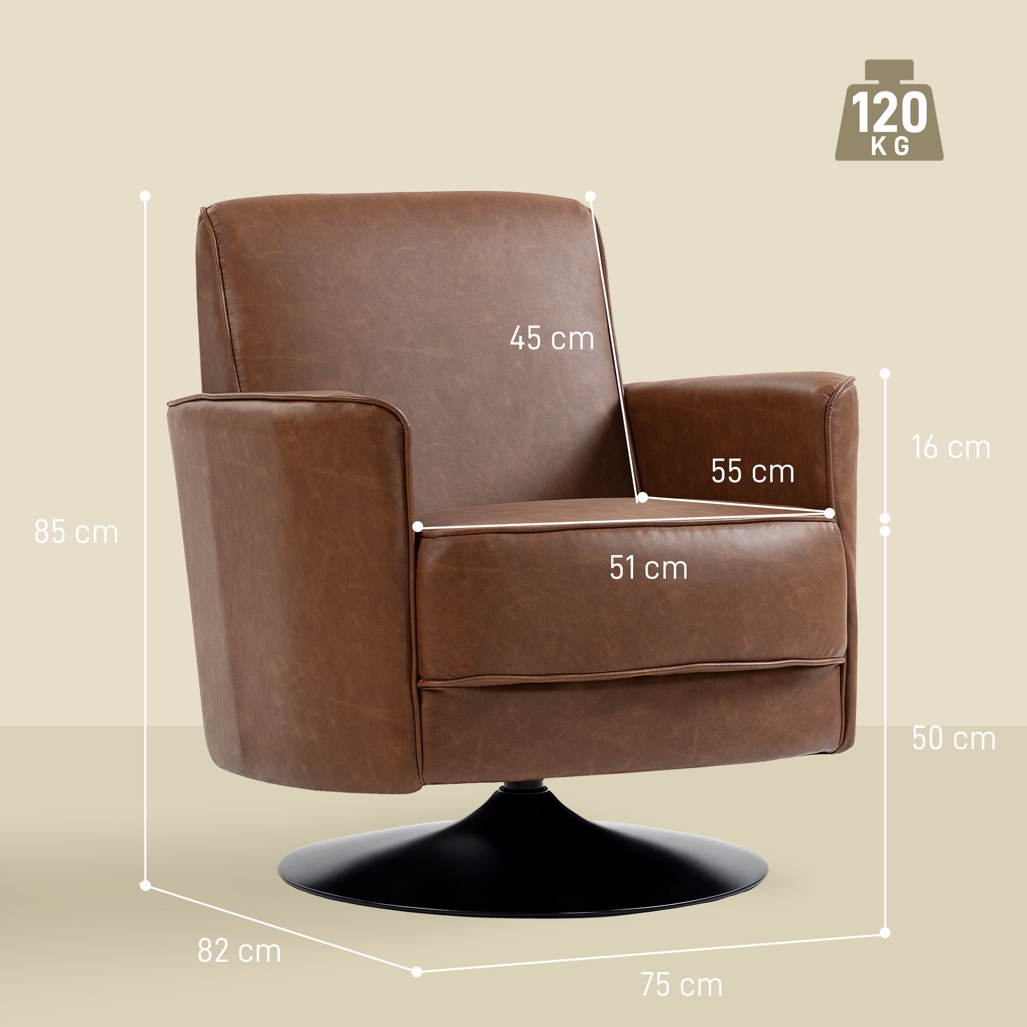 Upholstered Swivel Accent Chair With Thick Padding, Brown