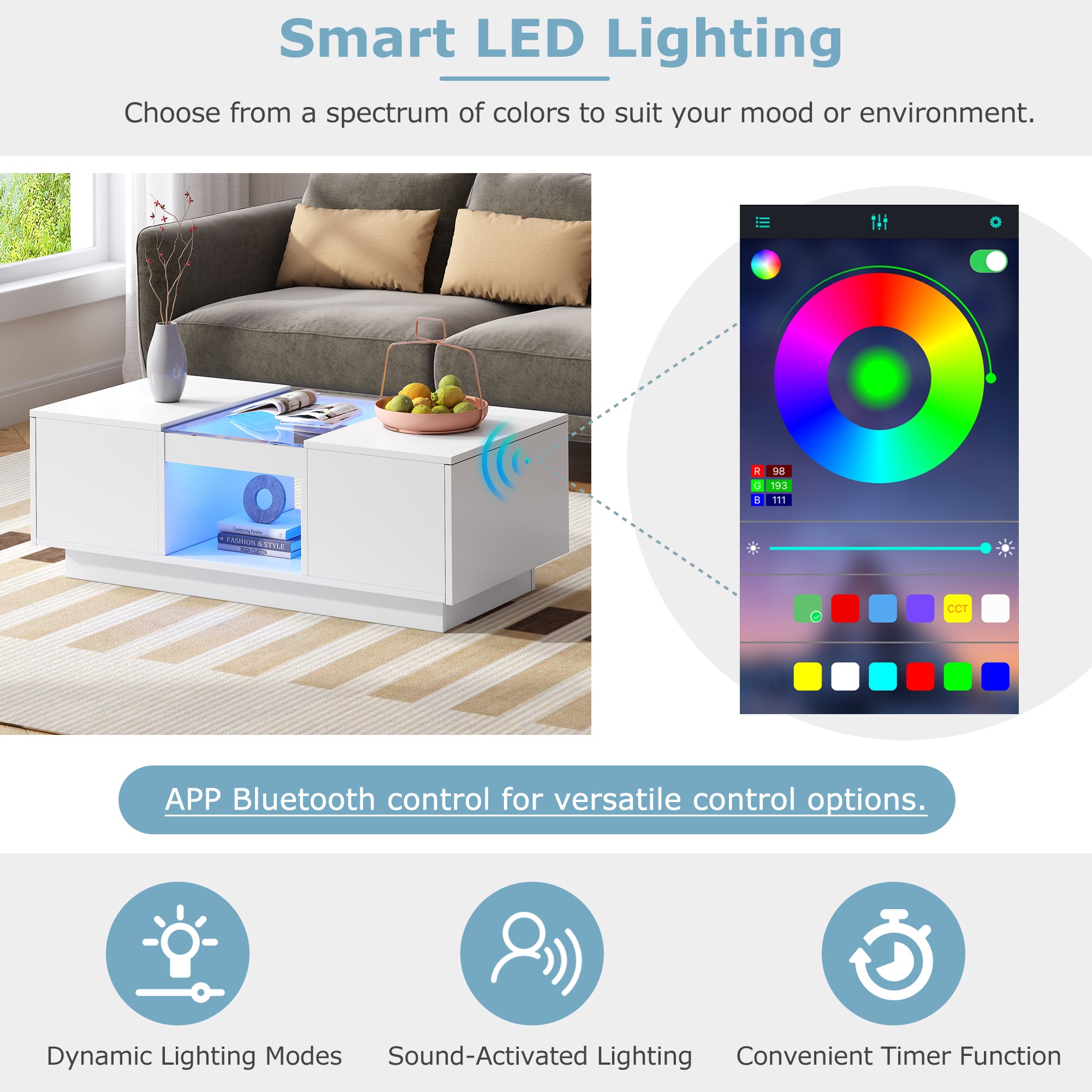 Modern LED Coffee Table with Storage, 2 Drawers & 2 Shelves – White Living Room Table