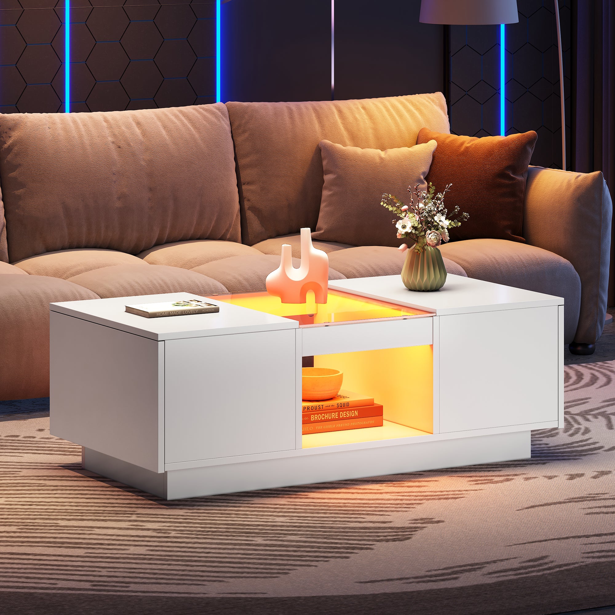 Modern LED Coffee Table with Storage, 2 Drawers & 2 Shelves – White Living Room Table