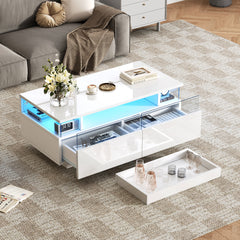 High Gloss LED Coffee Table with 2 Drawers & Pull-Out Tray – White Living Room Table 90cm