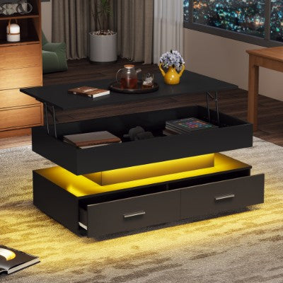 Hydraulic Lift Top Coffee Table with LED Lights, Storage Compartment & 2 Drawers – Modern Black Living Room Table