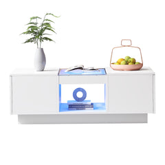 Modern LED Coffee Table with Storage, 2 Drawers & 2 Shelves – White Living Room Table