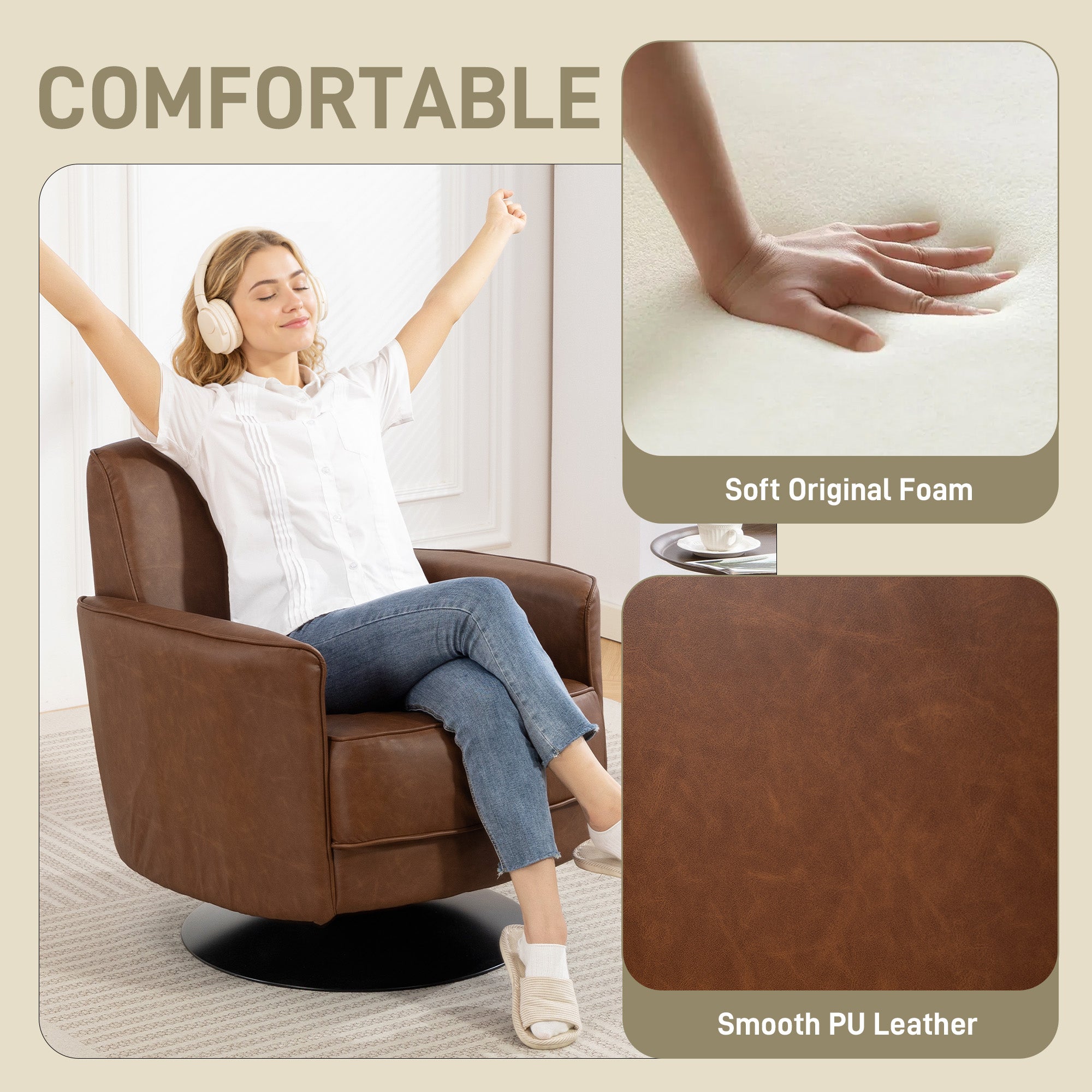 Upholstered Swivel Accent Chair With Thick Padding, Brown