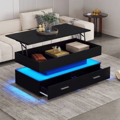 Hydraulic Lift Top Coffee Table with LED Lights, Storage Compartment & 2 Drawers – Modern Black Living Room Table